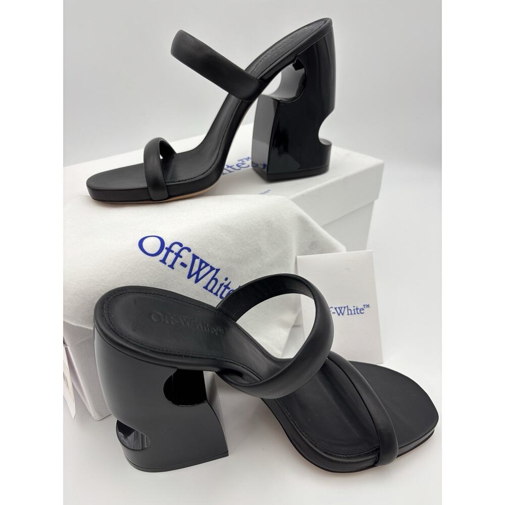 Authentic Off-White Meteor Sandals Black Leather Cut Out Block Heel Size 39 / 9